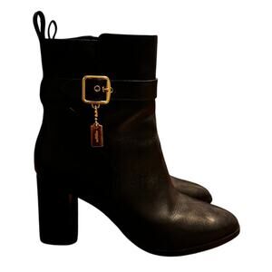 Coach Black Leather Ankle Boots Gold Buckle Block Heel Size 8